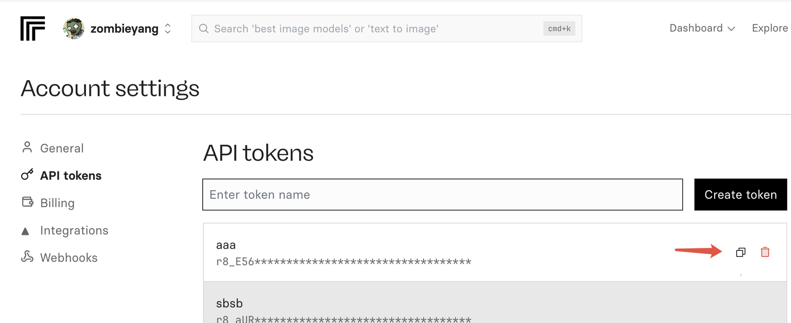 Detailed Replicate API Token configuration interface